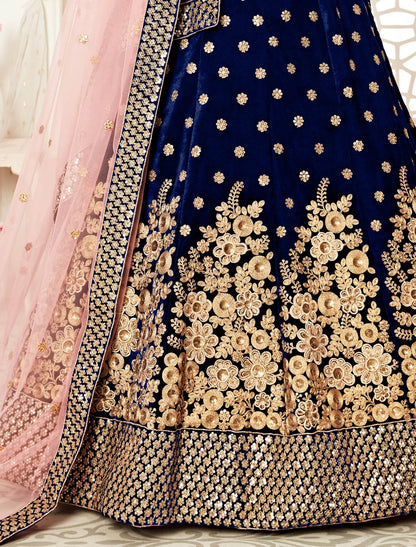 Navy Blue Women Velvet & Soft Net Dupatta Ethnic Lehenga Choli