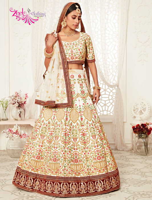 Off White Art Silk Semi Stitched Lehenga Choli For Women