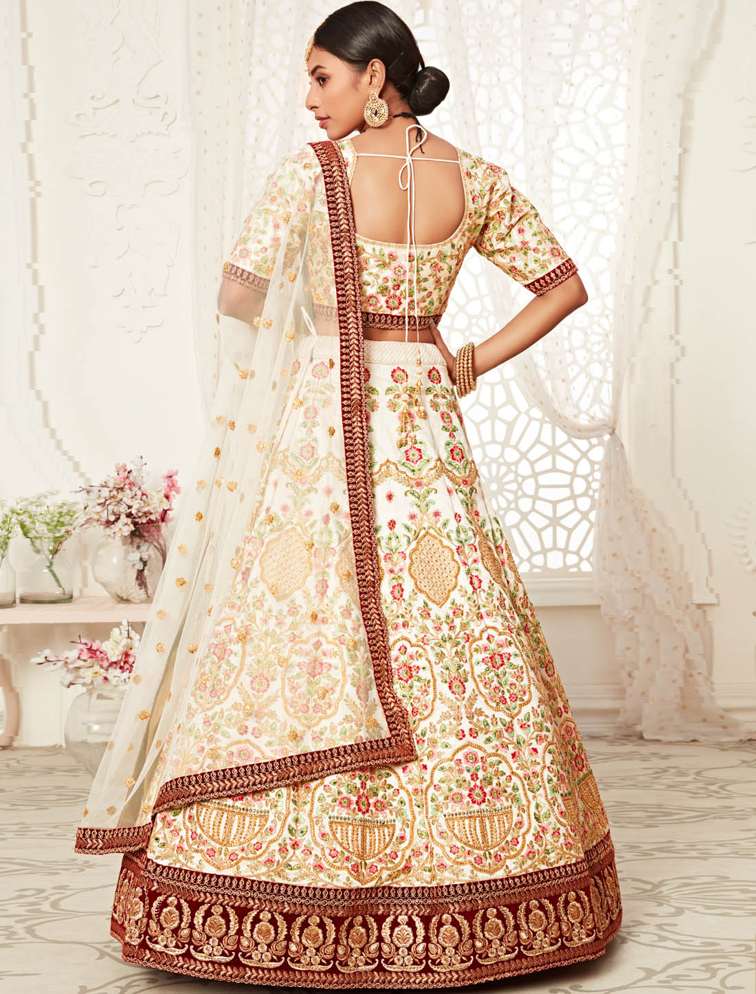 Off White Art Silk Semi Stitched Lehenga Choli For Women