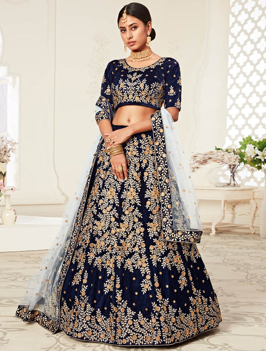 Navy Blue Women Exquisite Elegant Lehenga Choli For Wedding with Velvet & Soft Net Dupatta