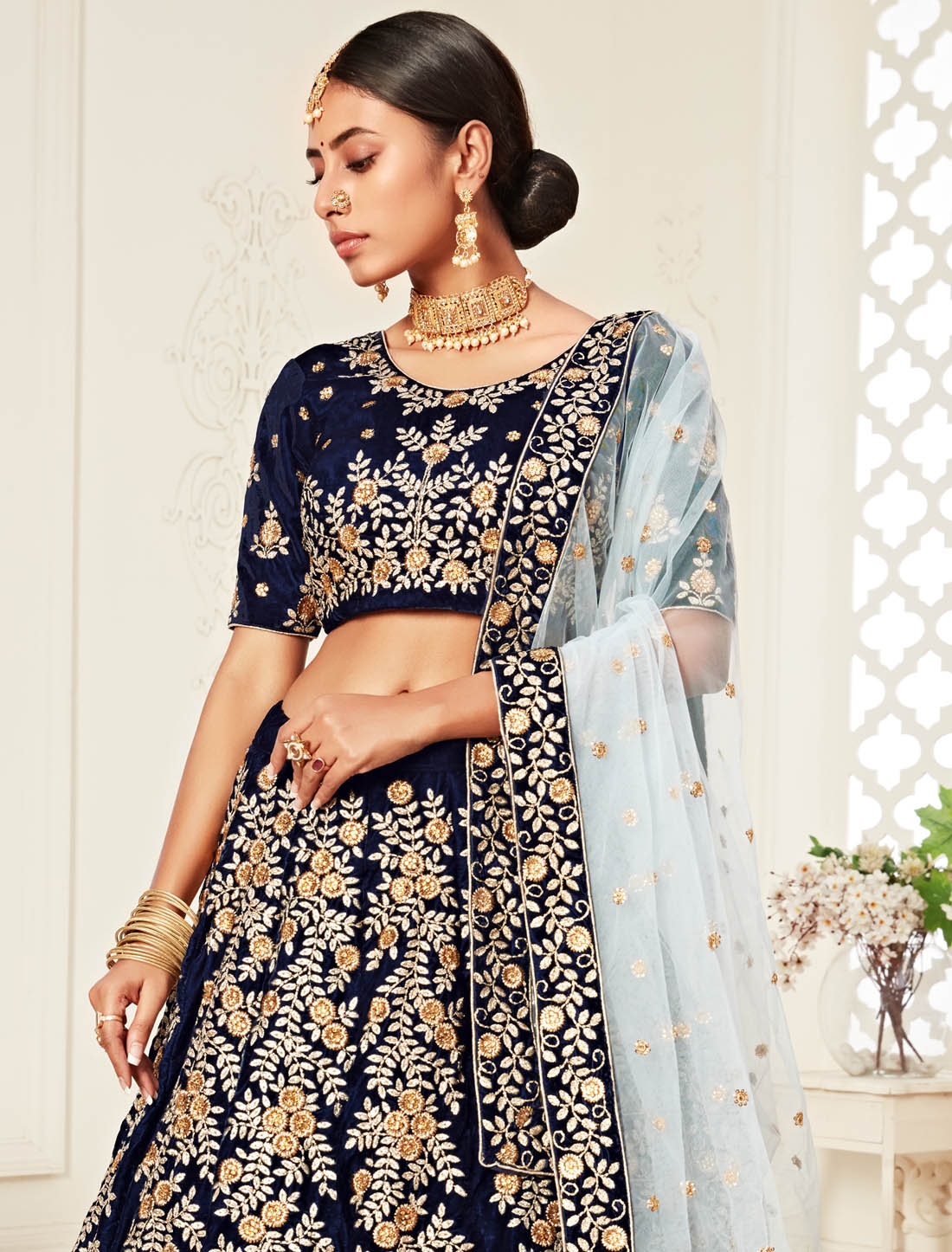 Navy Blue Women Exquisite Elegant Lehenga Choli For Wedding with Velvet & Soft Net Dupatta