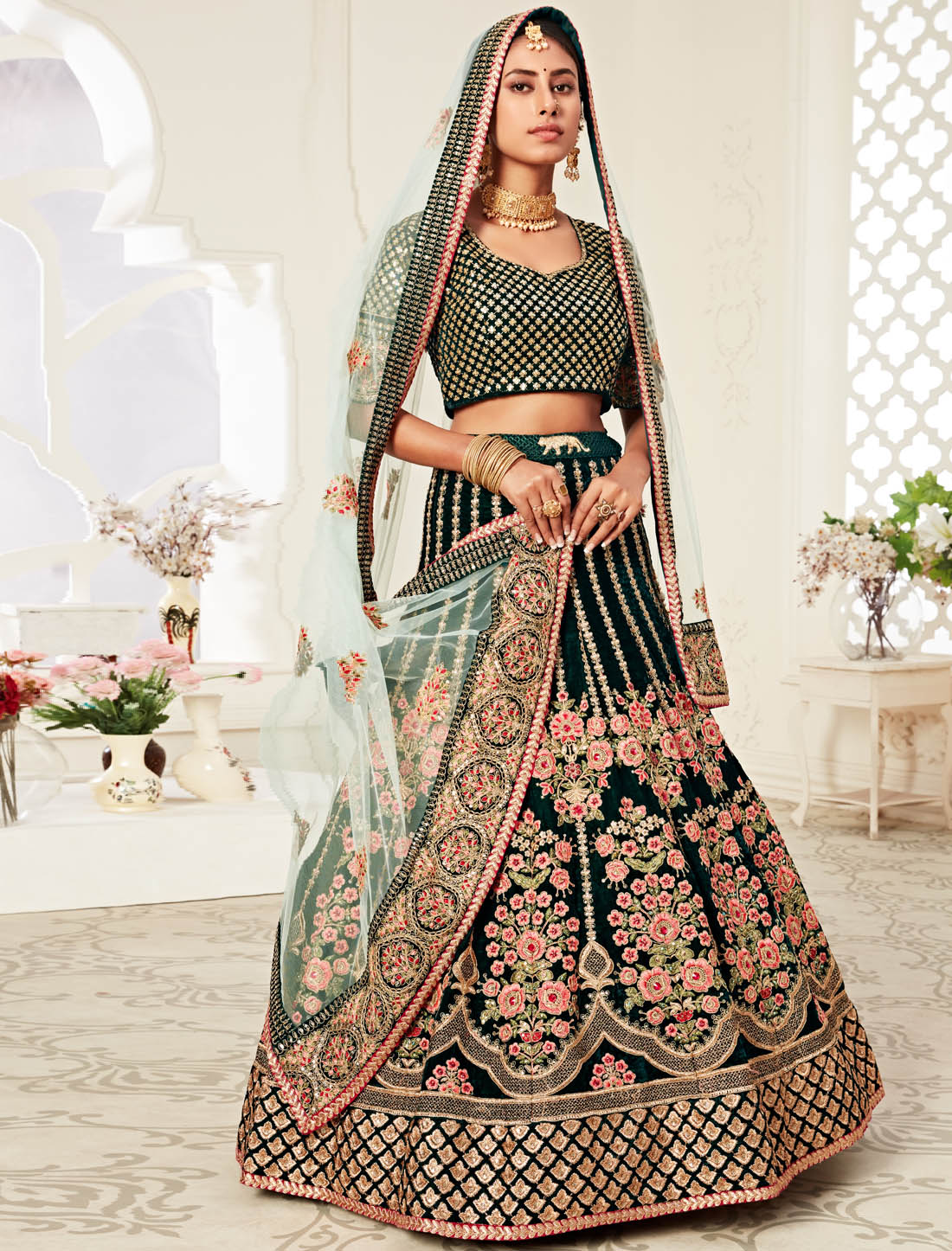 Green Velvet Ethnic Wedding Semi Stitched Lehenga Choli For Women with Soft Net Dupatta