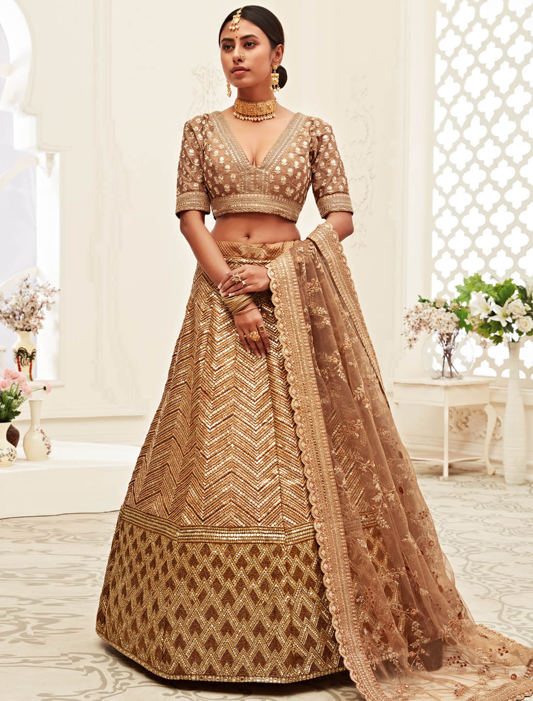 Brown Ethnic Semi Stitched Women Lehenga Choli For Wedding with Slub Silk Fabric & Soft Net Dupatta