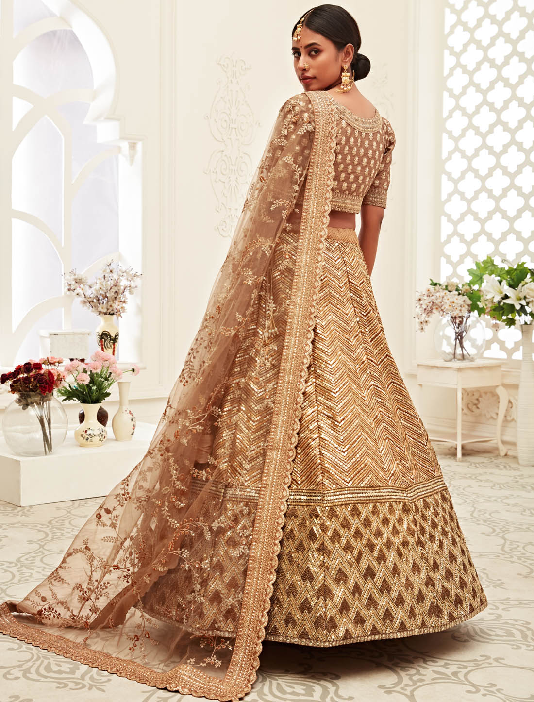 Brown Ethnic Semi Stitched Women Lehenga Choli For Wedding with Slub Silk Fabric & Soft Net Dupatta