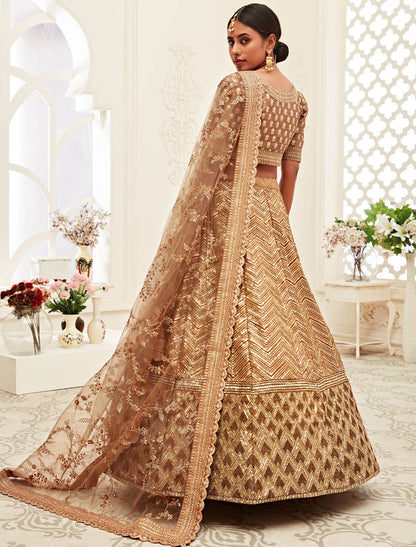 Brown Ethnic Semi Stitched Women Lehenga Choli For Wedding with Slub Silk Fabric & Soft Net Dupatta