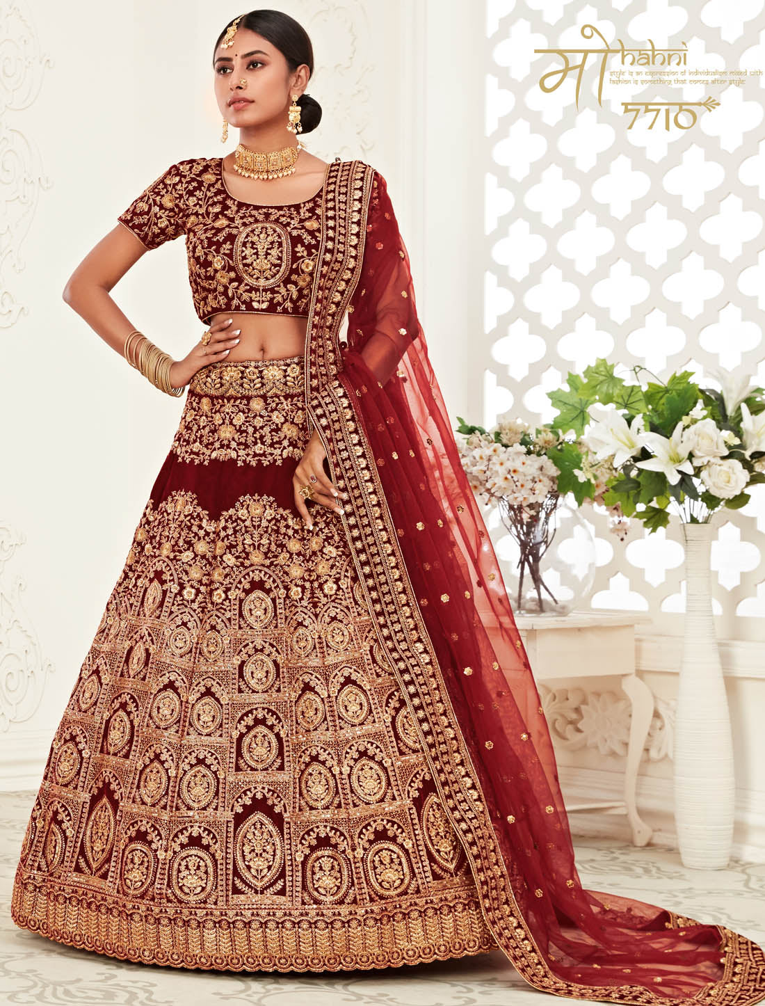 Red Velvet Ethnic Women Semi Stithced Lehenga Choli For Wedding With Soft Net Dupatta & Embroidery Work