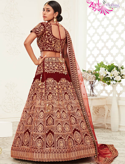 Red Velvet Ethnic Women Semi Stithced Lehenga Choli For Wedding With Soft Net Dupatta & Embroidery Work