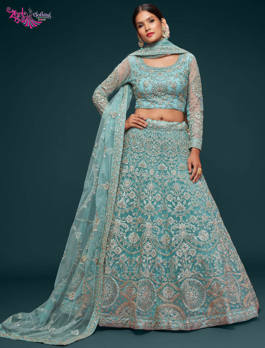 Exquisite Ocean Aqua Semi Stitched Wedding Ethnic Lehenga Choli For Women