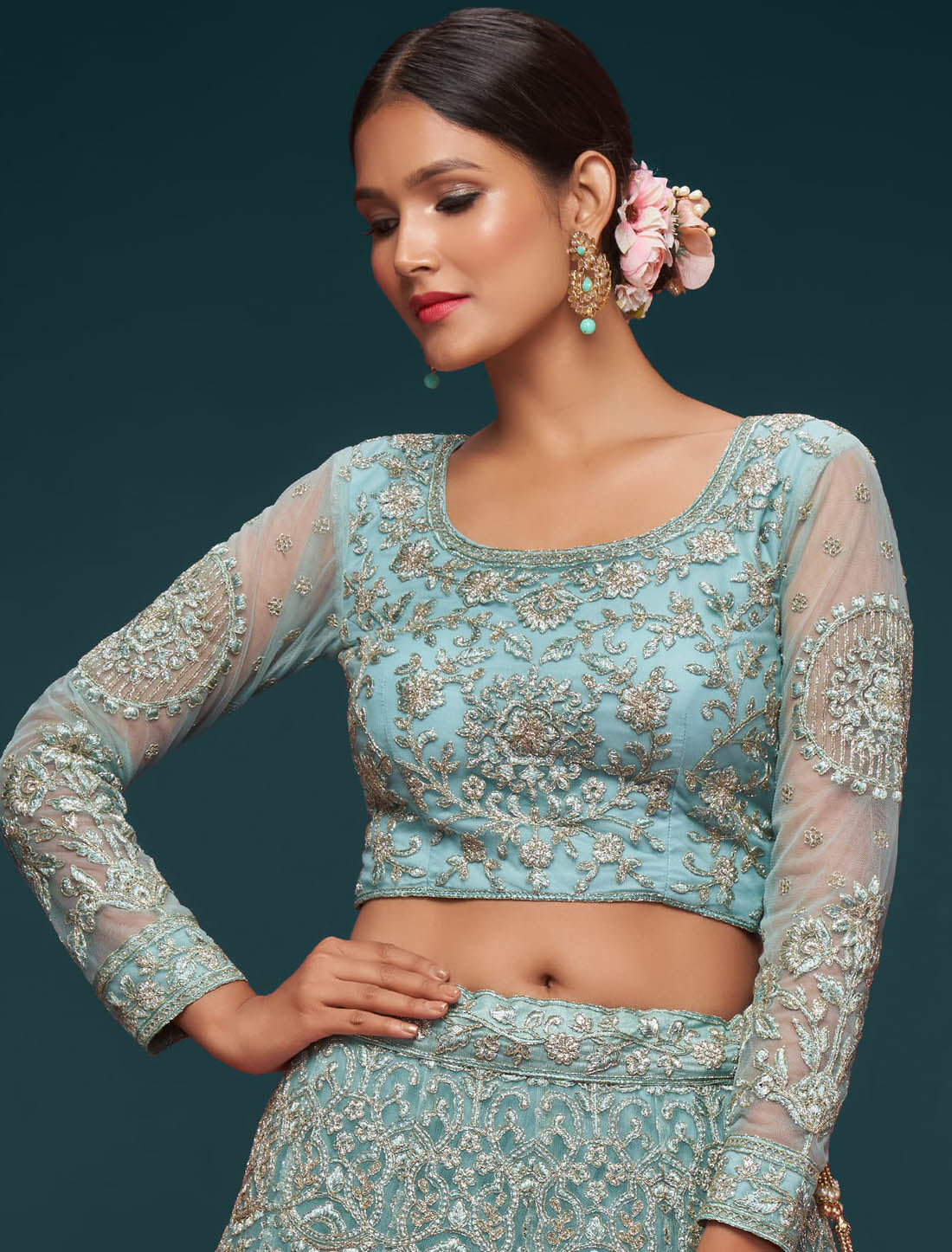 Exquisite Ocean Aqua Semi Stitched Wedding Ethnic Lehenga Choli For Women