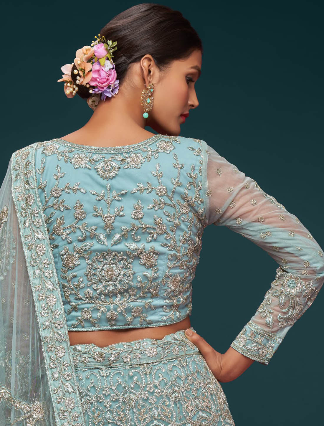 Exquisite Ocean Aqua Semi Stitched Wedding Ethnic Lehenga Choli For Women