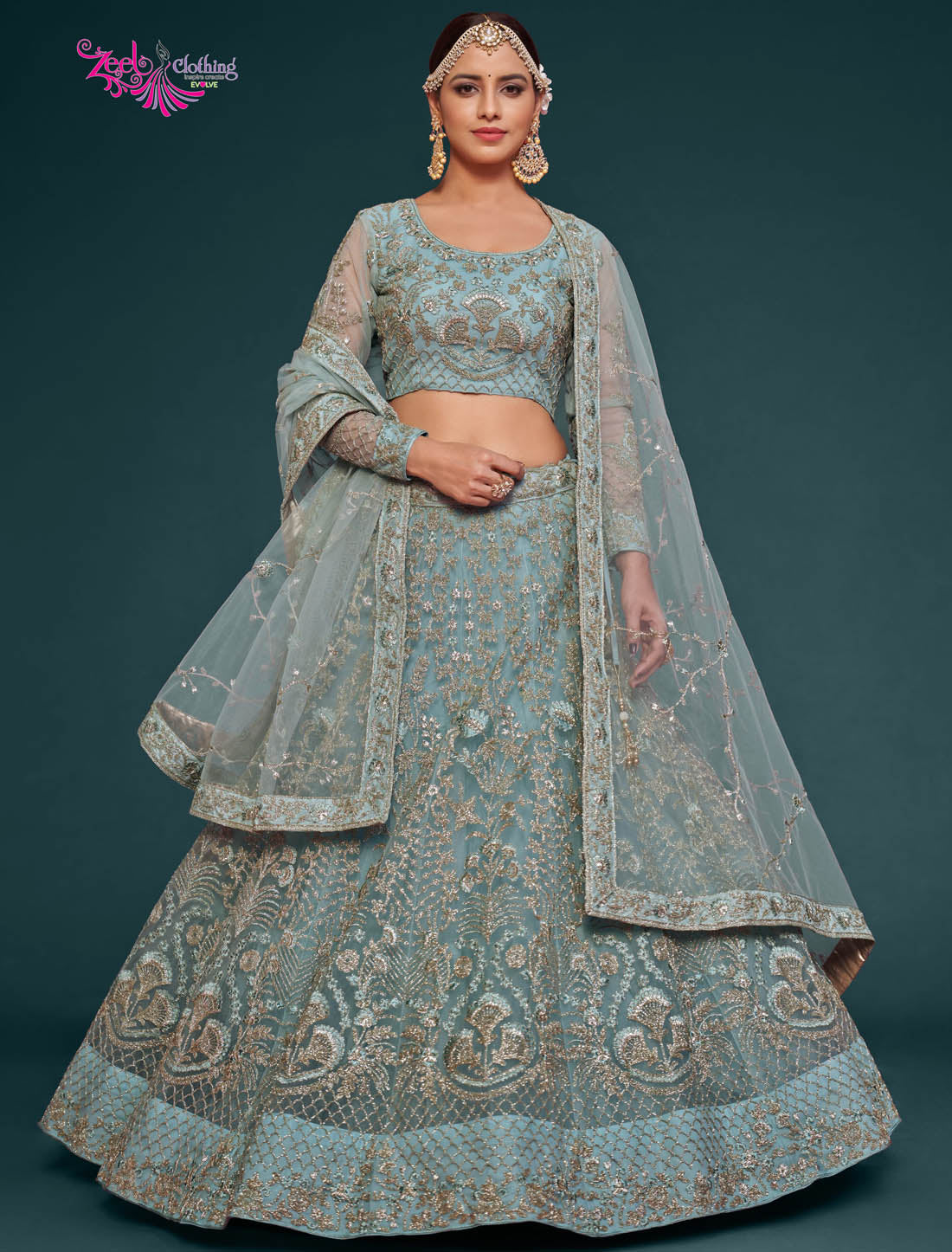 Ocean Aqua Women Ethnic Semi Stitched Lehenga Choli For Wedding With Subtle Brilliance Embroidery Work