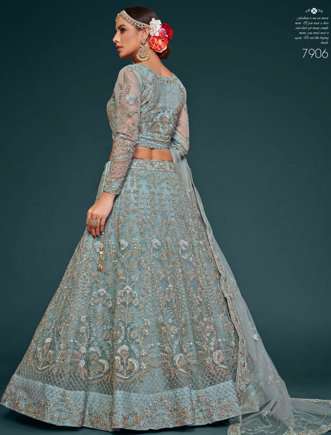 Ocean Aqua Women Ethnic Semi Stitched Lehenga Choli For Wedding With Subtle Brilliance Embroidery Work