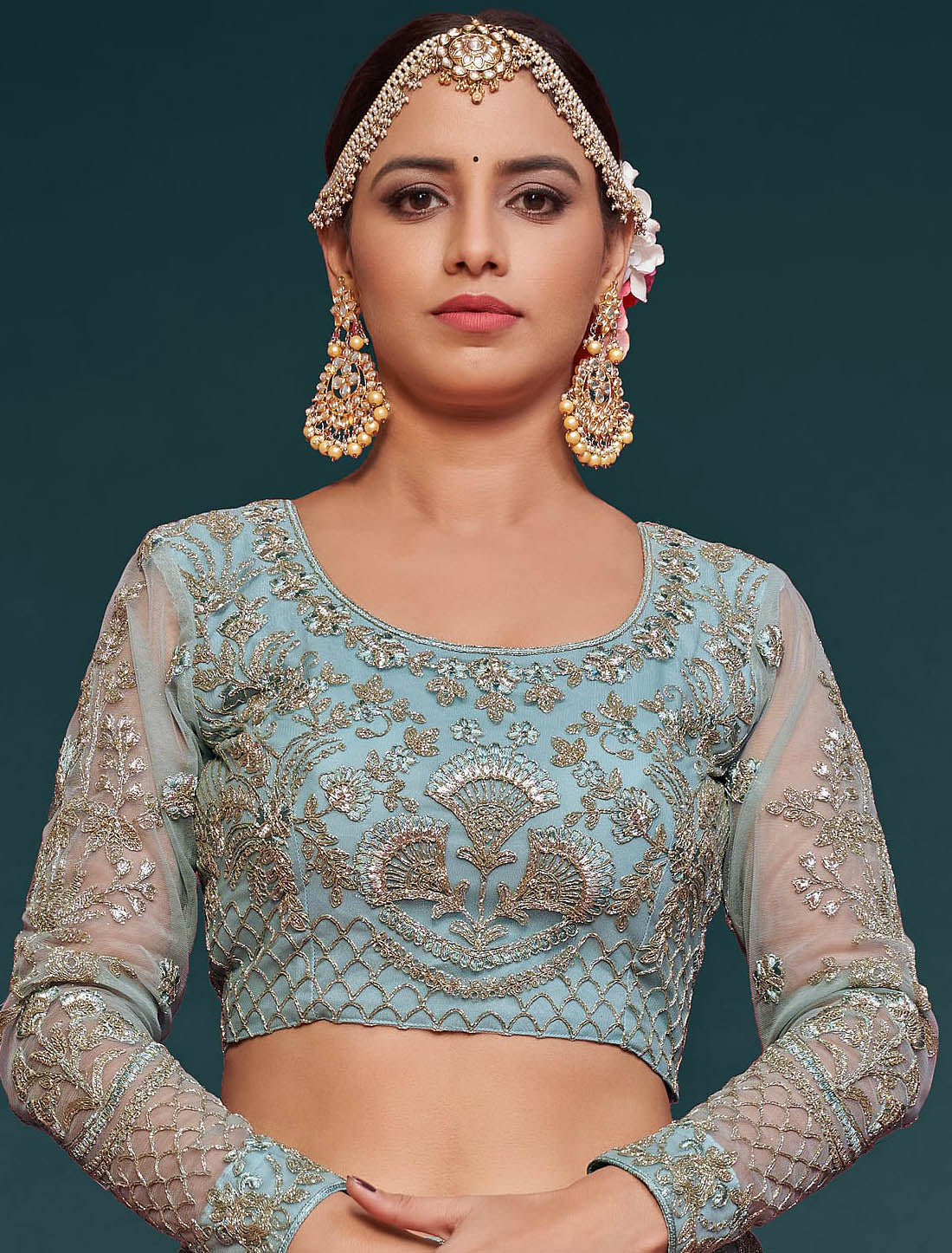 Ocean Aqua Women Ethnic Semi Stitched Lehenga Choli For Wedding With Subtle Brilliance Embroidery Work