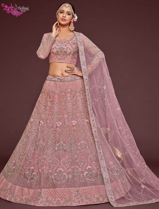 Pearl Pink Semi Stitched Women Ethnic Lehenga Choli For Wedding With Soft Net Majestic Flair Glitter Embroidery Work