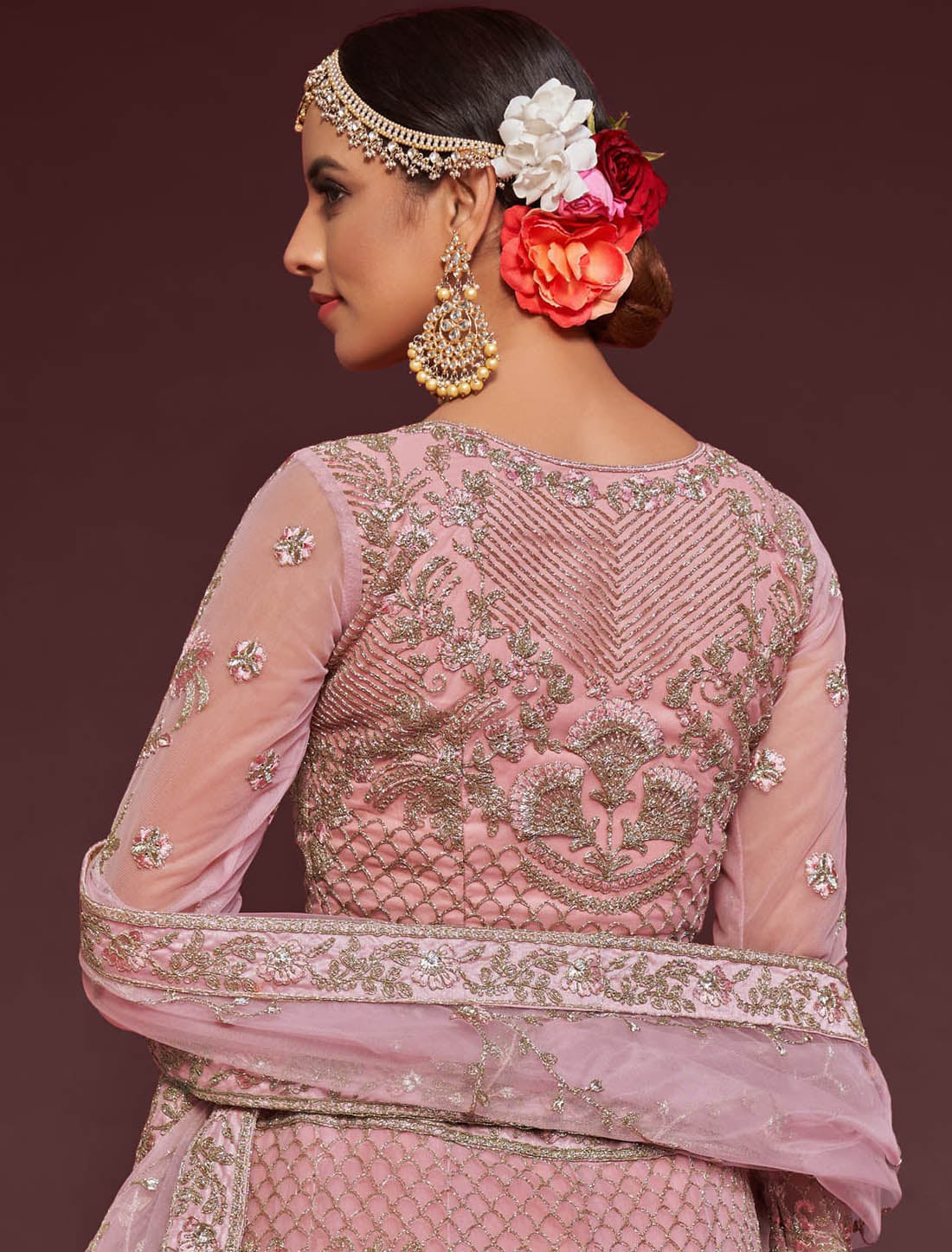 Pearl Pink Semi Stitched Women Ethnic Lehenga Choli For Wedding With Soft Net Majestic Flair Glitter Embroidery Work