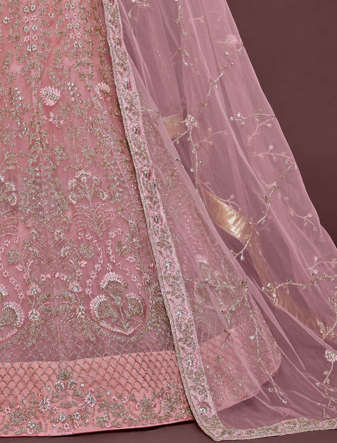 Pearl Pink Semi Stitched Women Ethnic Lehenga Choli For Wedding With Soft Net Majestic Flair Glitter Embroidery Work