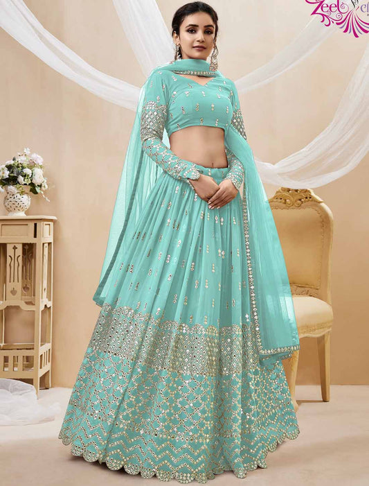 Georgette Sky Blue Soft Net Dupatta Ethnic Lehenga Choli Colletcion