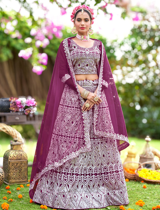 Wine Wedding Lehenga Choli with Dupatta for Women