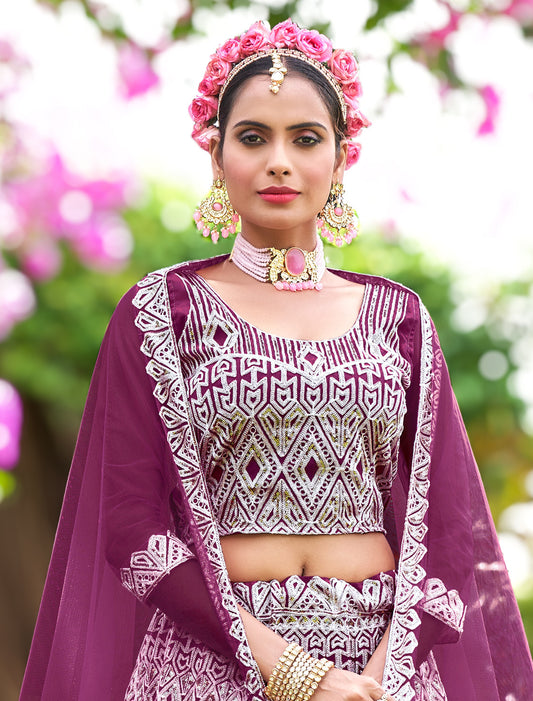 Wine Wedding Lehenga Choli with Dupatta for Women
