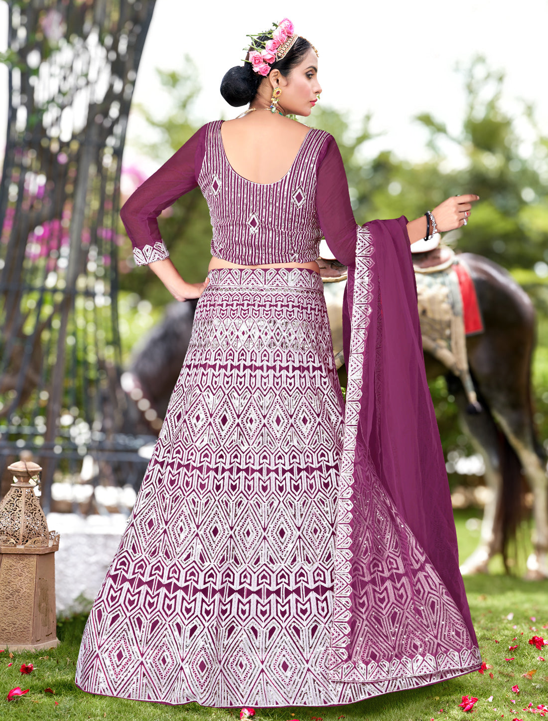Wine Wedding Lehenga Choli with Dupatta for Women