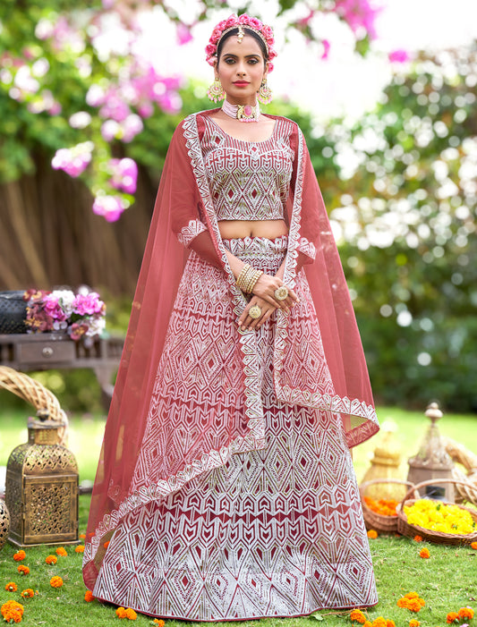 Mauve Pink Net Embroidered Lehenga Choli for Wedding