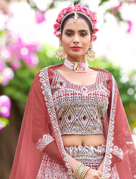 Mauve Pink Net Embroidered Lehenga Choli for Wedding