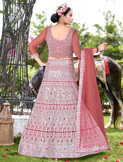 Mauve Pink Net Embroidered Lehenga Choli for Wedding