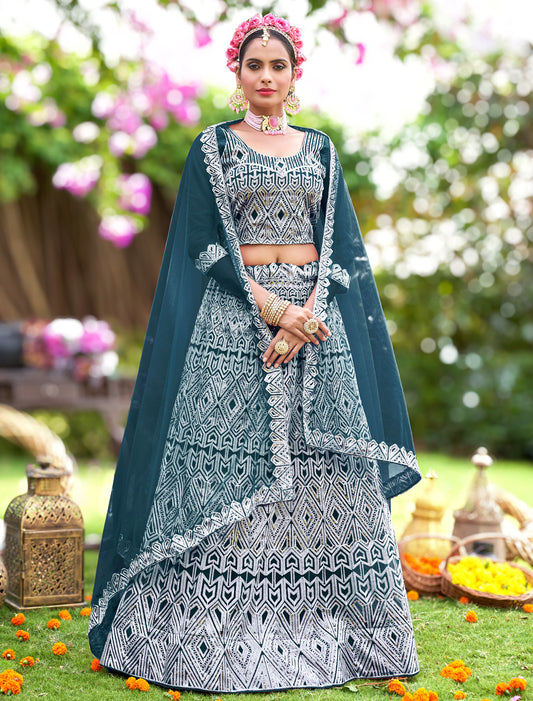 Deep Teal Designer Lehenga Choli with Dupatta – Wedding Wear