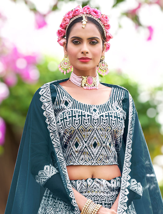 Deep Teal Designer Lehenga Choli with Dupatta – Wedding Wear