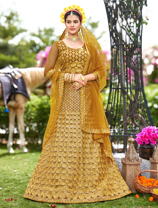 Yellow Net Embroidered Lehenga Choli for Wedding