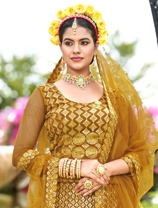 Yellow Net Embroidered Lehenga Choli for Wedding