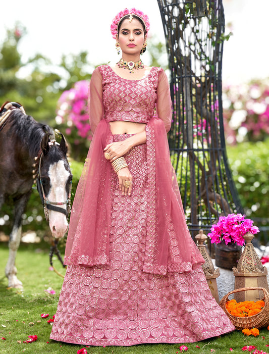 Pink Embroidered Net Lehenga Choli Set – Women