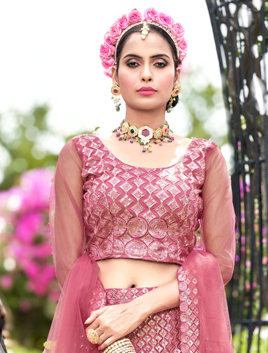 Pink Embroidered Net Lehenga Choli Set – Women
