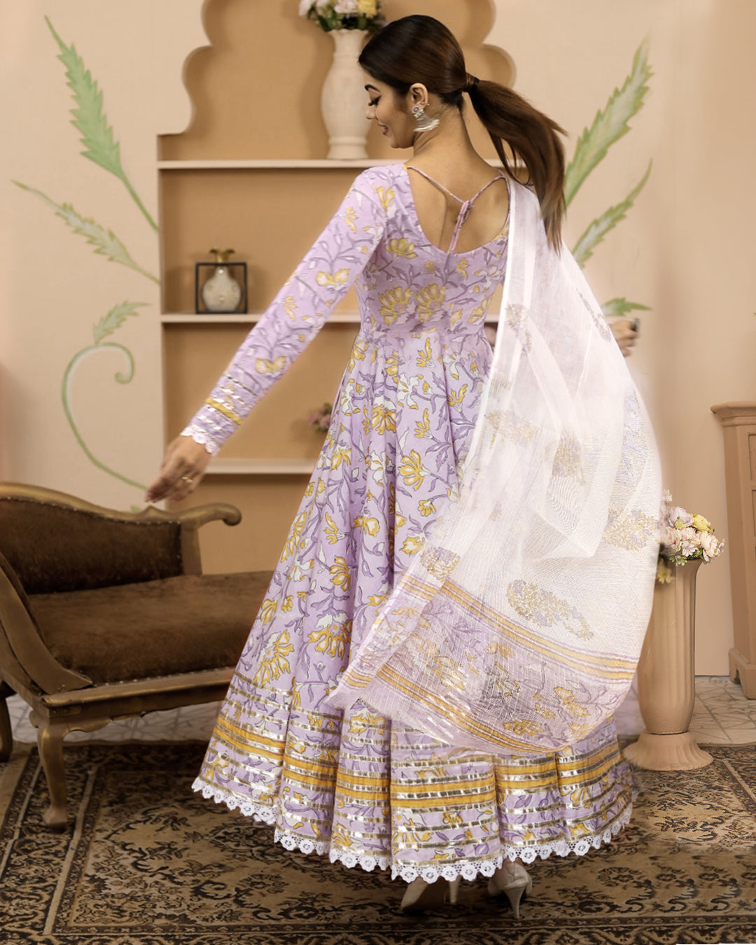 Handblock Printed Lavender Anarkali Cotton Kurta Set With Trousers & Dupatta