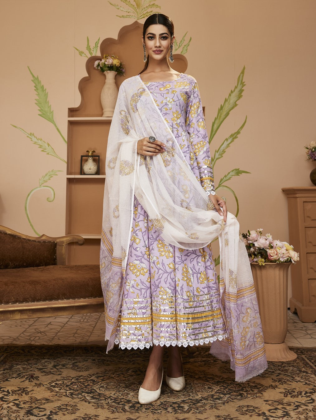 Handblock Printed Lavender Anarkali Cotton Kurta Set With Trousers & Dupatta