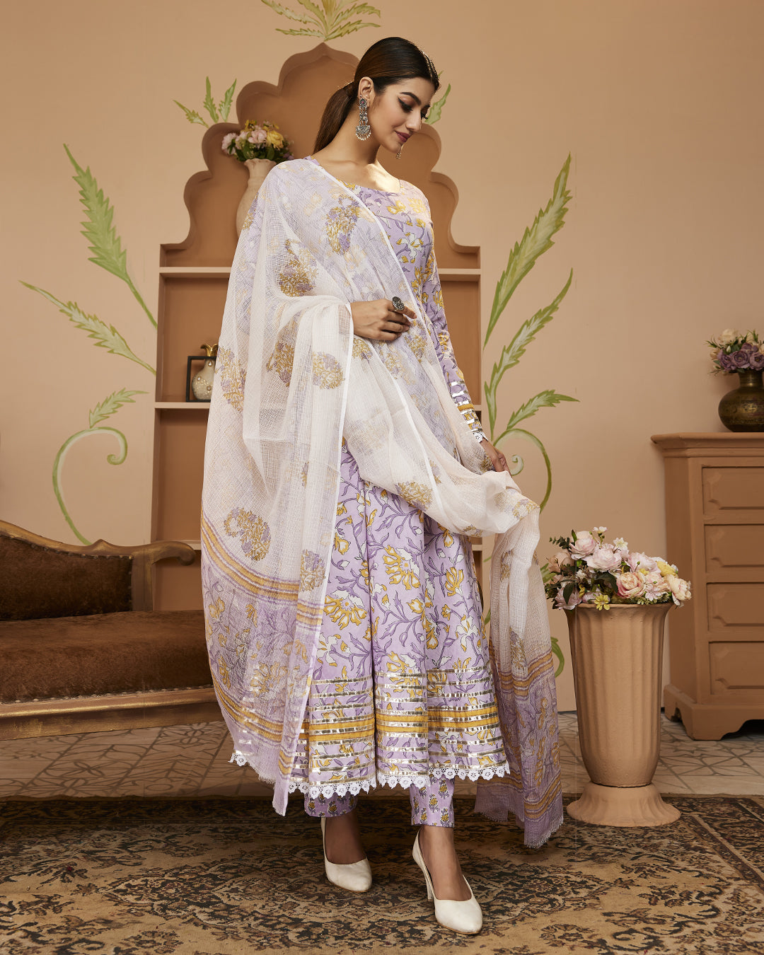 Handblock Printed Lavender Anarkali Cotton Kurta Set With Trousers & Dupatta