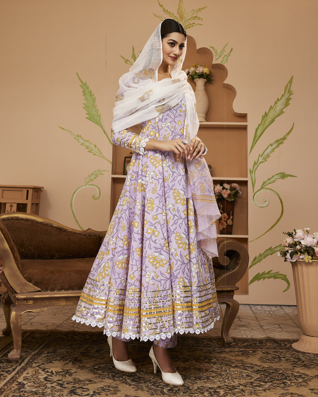 Handblock Printed Lavender Anarkali Cotton Kurta Set With Trousers & Dupatta