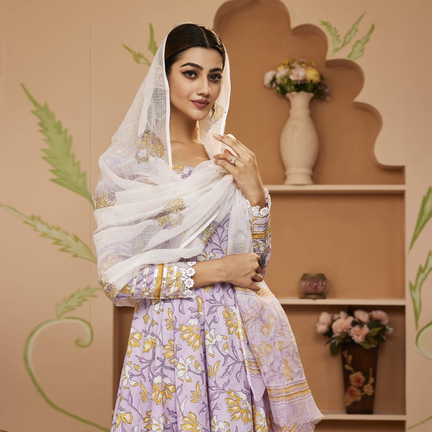 Handblock Printed Lavender Anarkali Cotton Kurta Set With Trousers & Dupatta