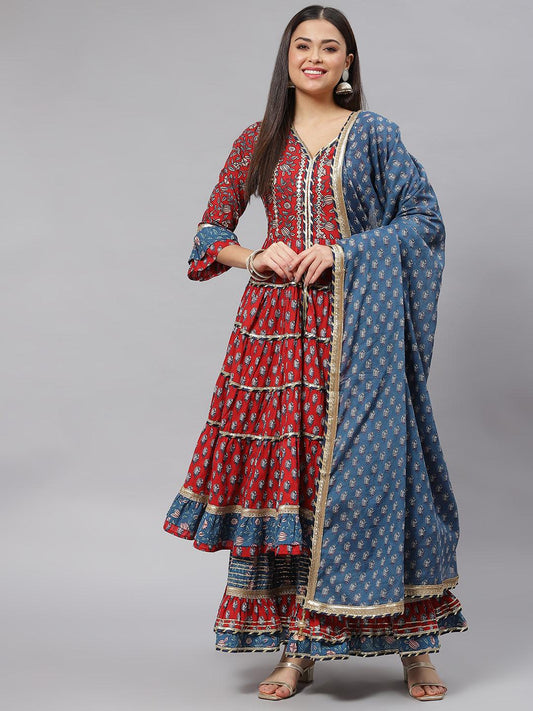 Divena Maroon & Blue Anarkali Kurta Sharara Set with Dupatta - divena world