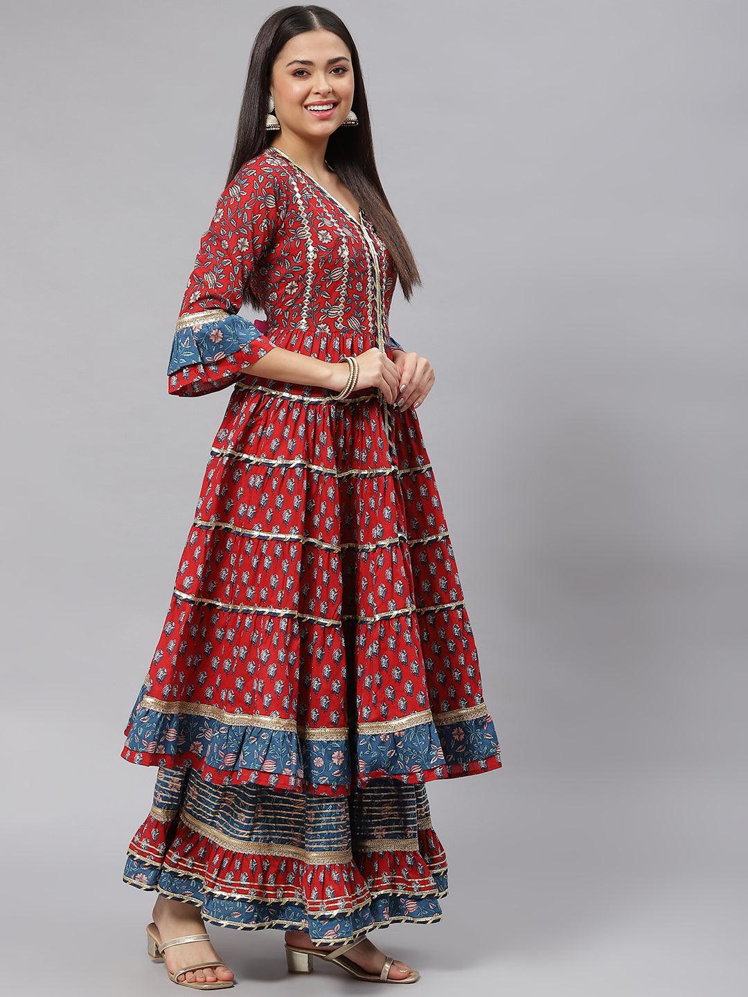 Divena Maroon & Blue Anarkali Kurta Sharara Set with Dupatta - divena world