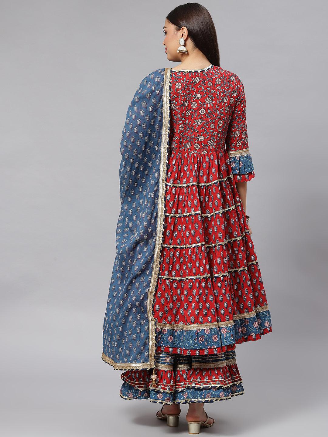 Divena Maroon & Blue Anarkali Kurta Sharara Set with Dupatta - divena world