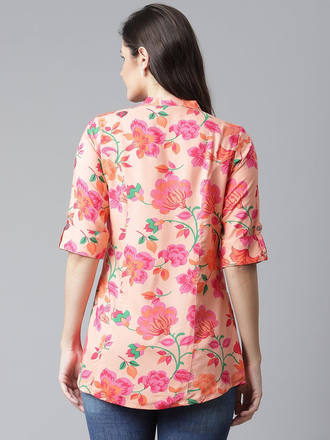 Divena Rayon Peach Floral Print Shirt Style A-Line Top - divena world