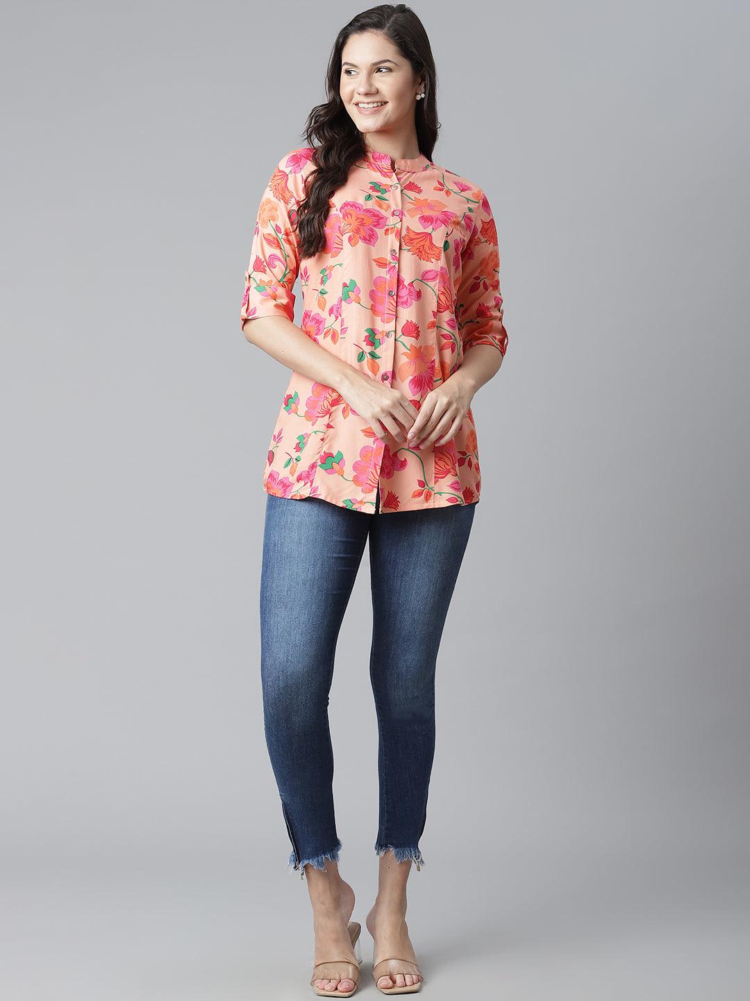 Divena Rayon Peach Floral Print Shirt Style A-Line Top - divena world