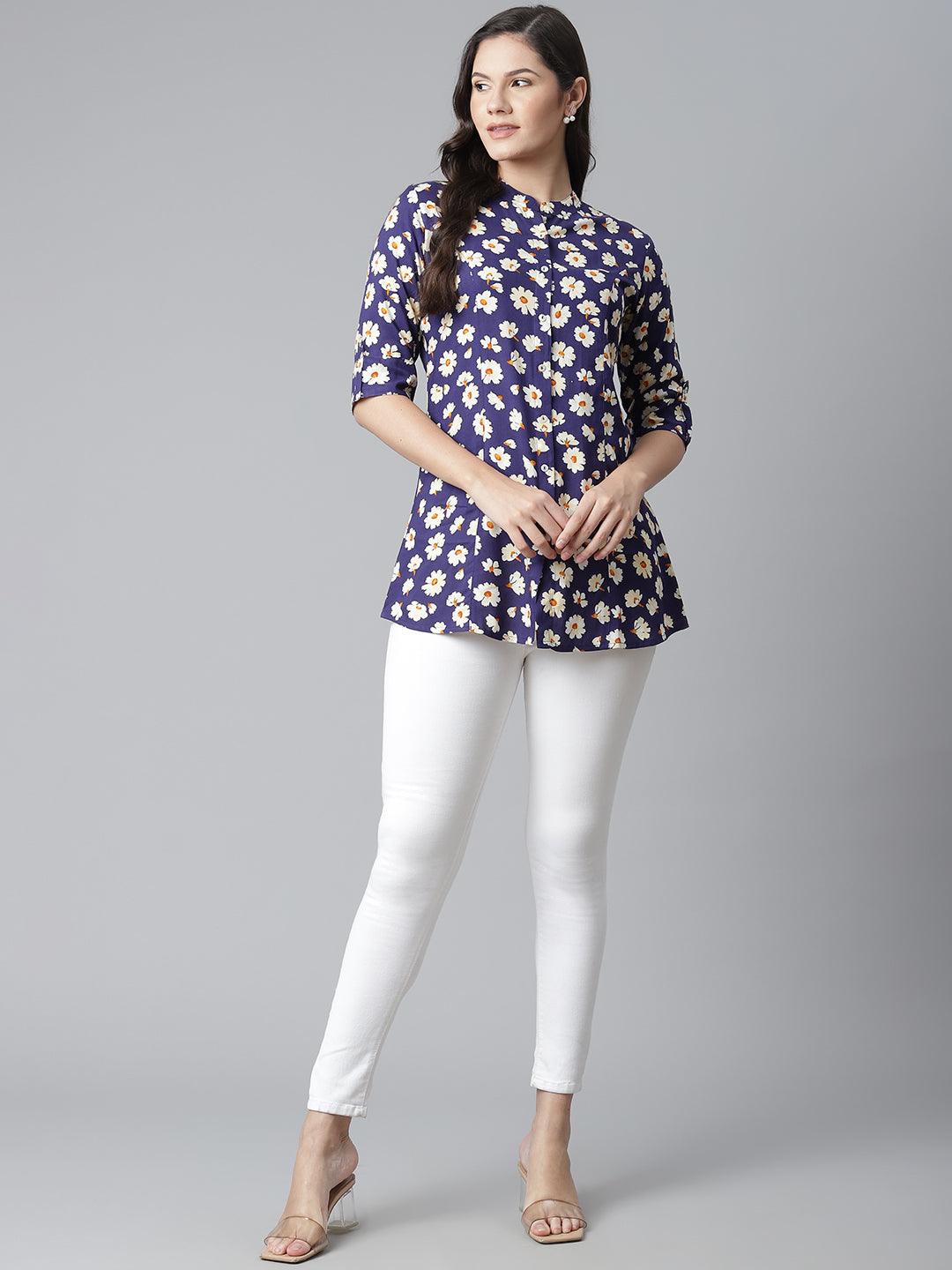 Divena Rayon Dark Blue Floral Top - divena world