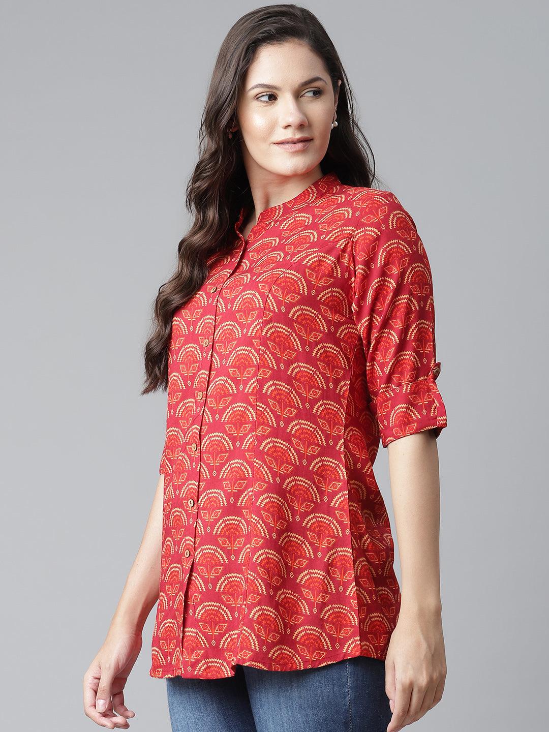 Divena Rayon Maroon Printed Shirt style A-line Top - divena world