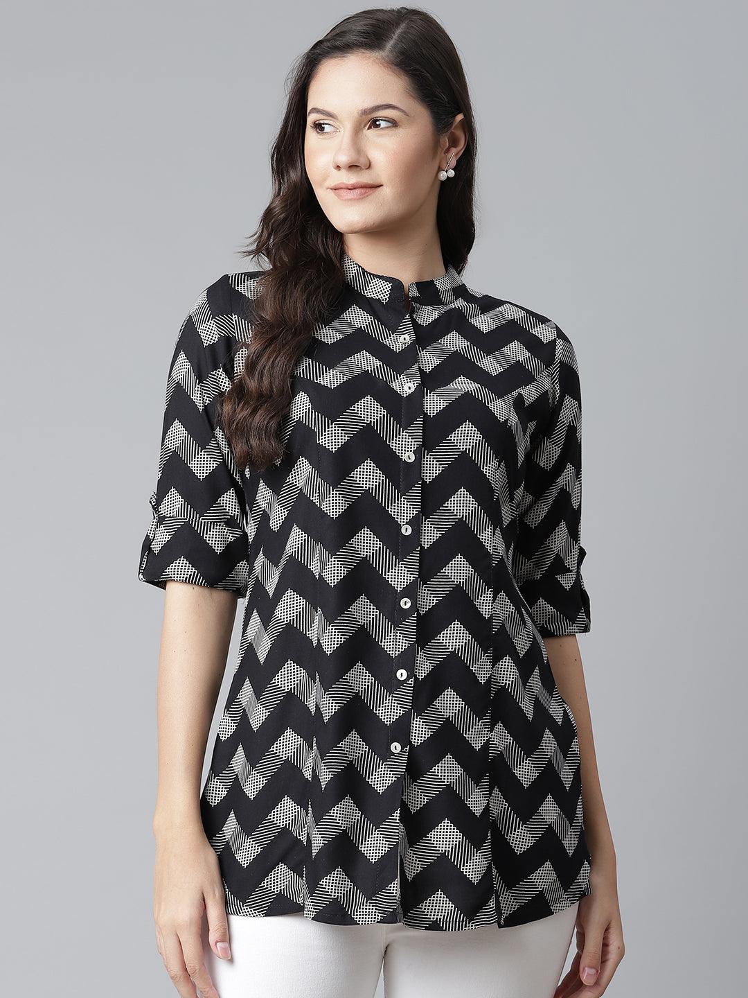 Divena Black Rayon Zigzag Print Shirts Style Top - divena world