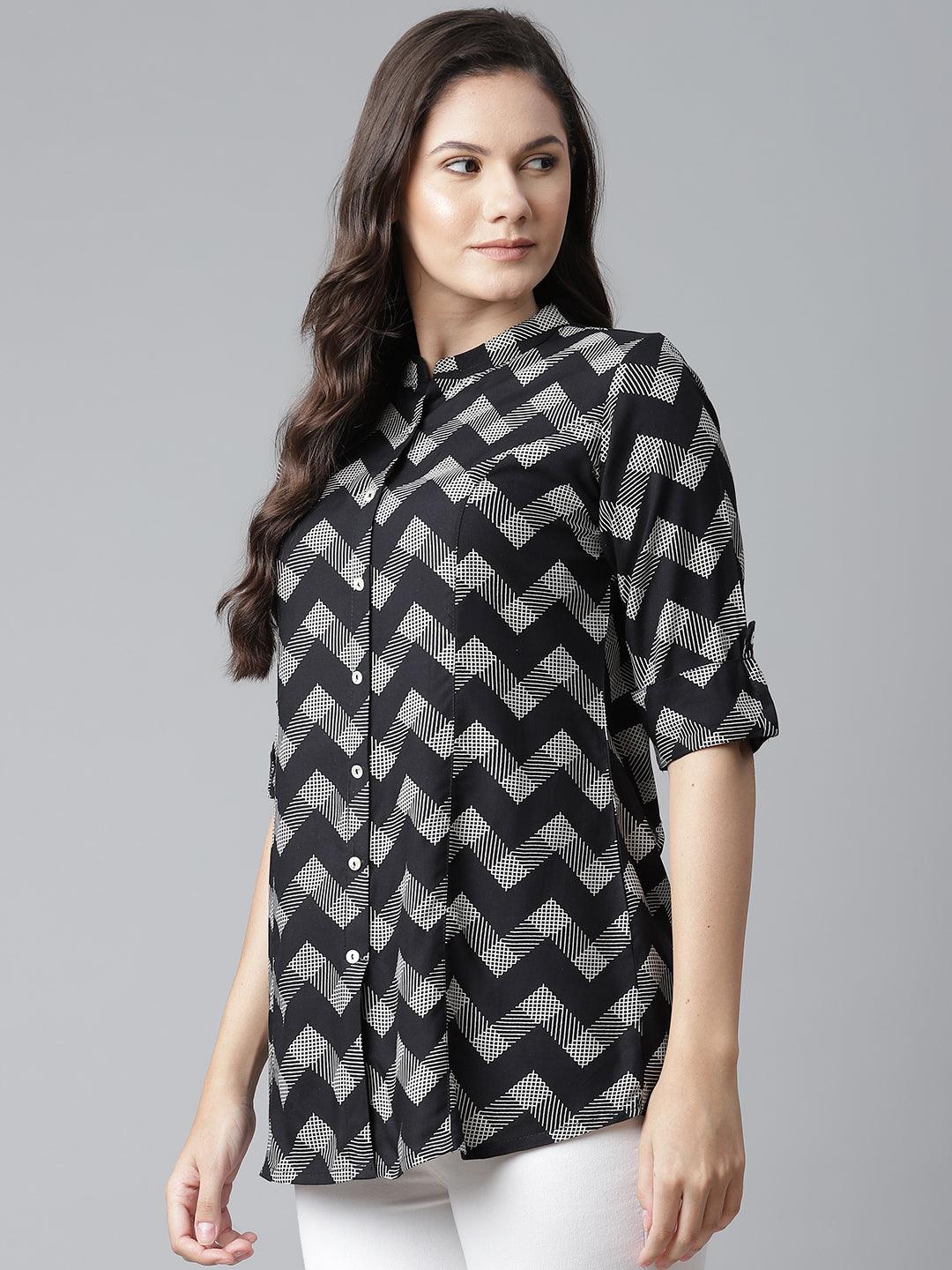 Divena Black Rayon Zigzag Print Shirts Style Top - divena world