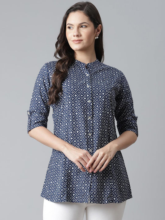 Divena Blue Rayon Printed Shirt Style Top - divena world