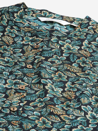 Divena Navy Blue Green Rayon Printed Top - divena world