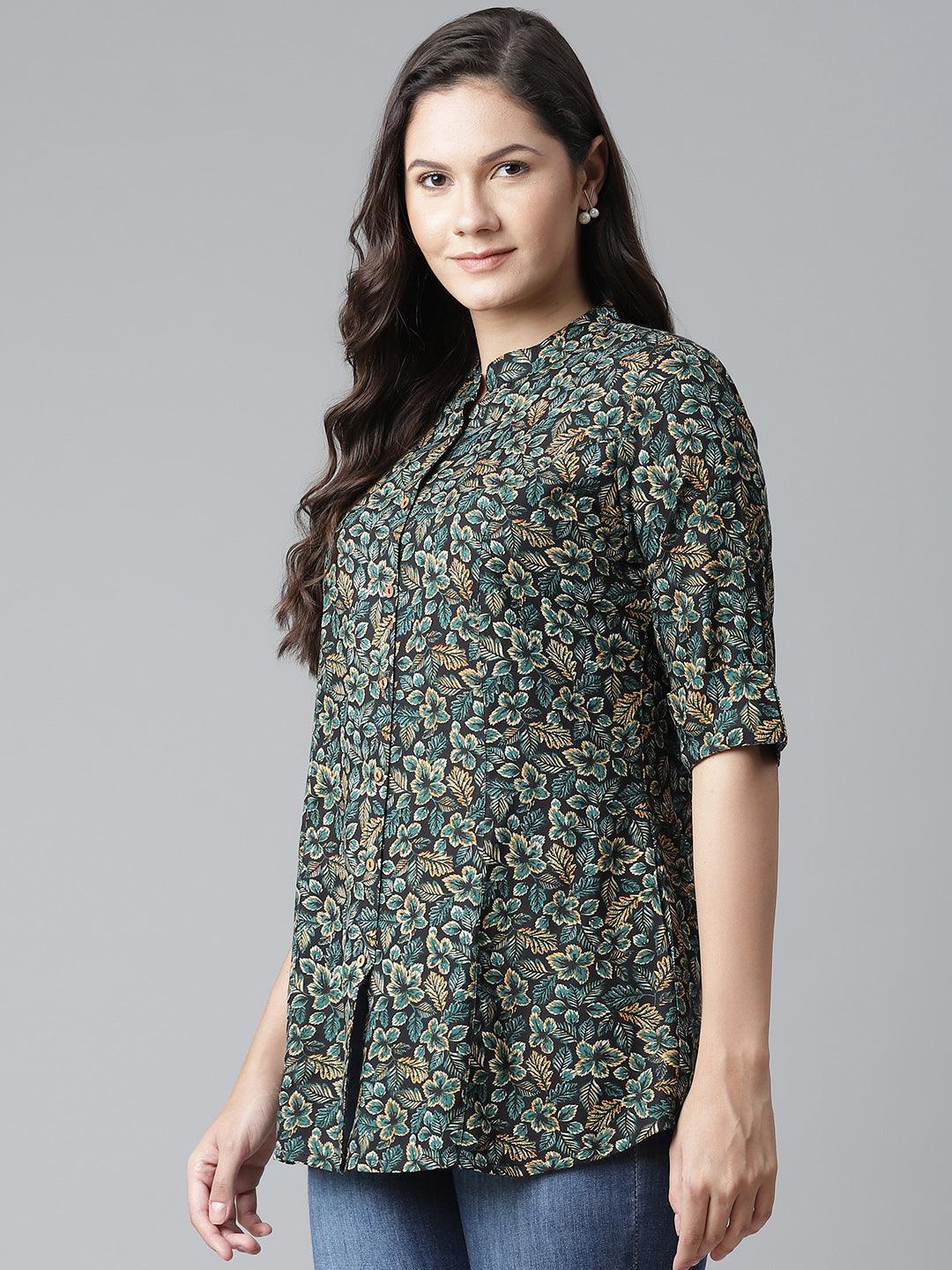 Divena Navy Blue Green Rayon Printed Top - divena world